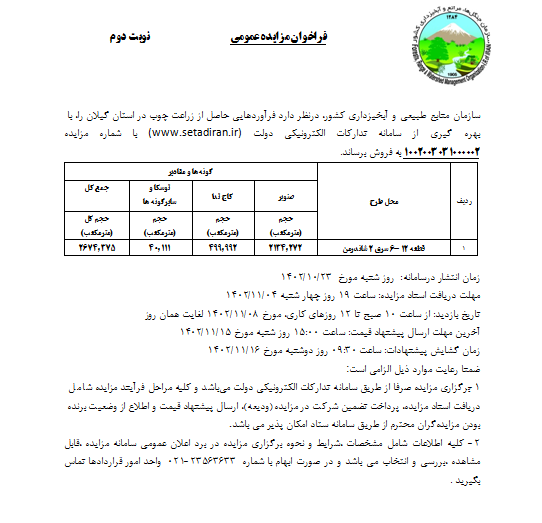 آگهی مزایده فروش محصولات زراعت چوب استان گیلان (نوبت دوم)